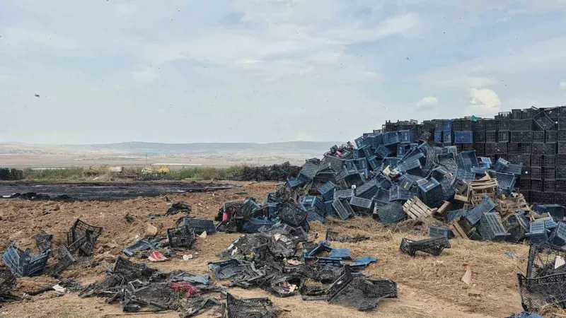 Eskişehir’de çıkan yangında binlerce plastik kasa yandı